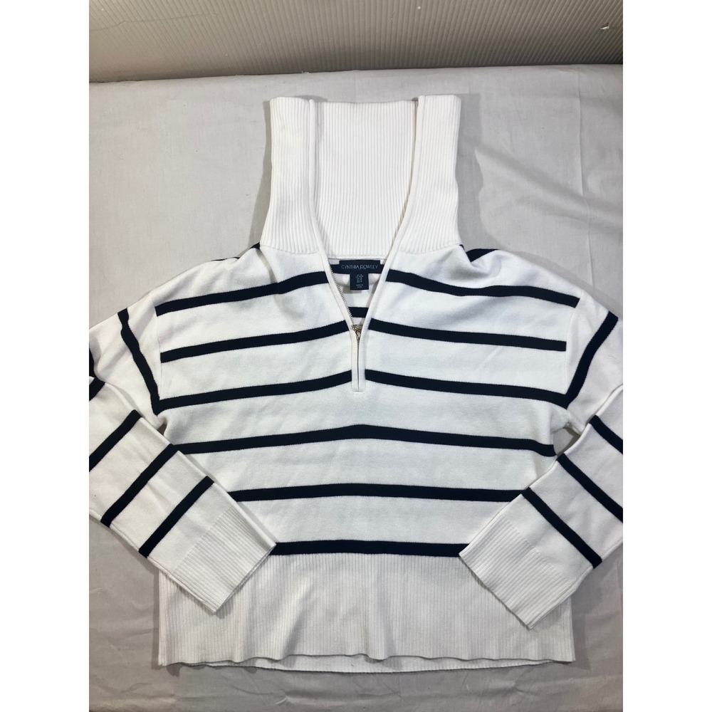 Cynthia Rowley Womens Sz M White Navy Blue Striped Quarter Zip Mock Neck Sweater
